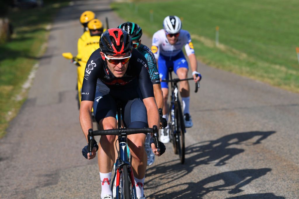 CHAMPAGNOLE FRANCE SEPTEMBER 18 Luke Rowe of The United Kingdom and Team INEOS Grenadiers Remi Cavagna of France and Team Deceuninck QuickStep Breakaway during 107th Tour de France 2020 Stage 19 a 1665km stage from Bourg en Bresse to Champagnole 547m TDF2020 LeTour on September 18 2020 in Champagnole France Photo by Tim de WaeleGetty Images