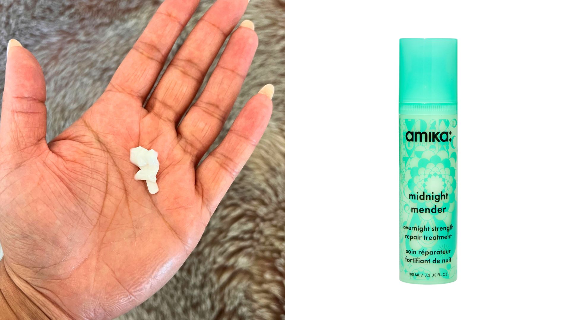 a pump of the Amika Midnight Mender on Aleesha's hand next to a bottle of the product