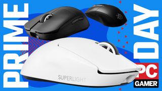 A series of gaming mice on a Prime Day banner with the PC Gamer logo.