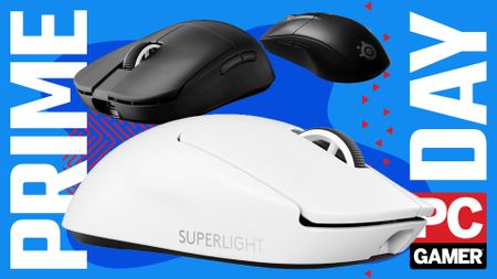 A series of gaming mice on a Prime Day banner with the PC Gamer logo.