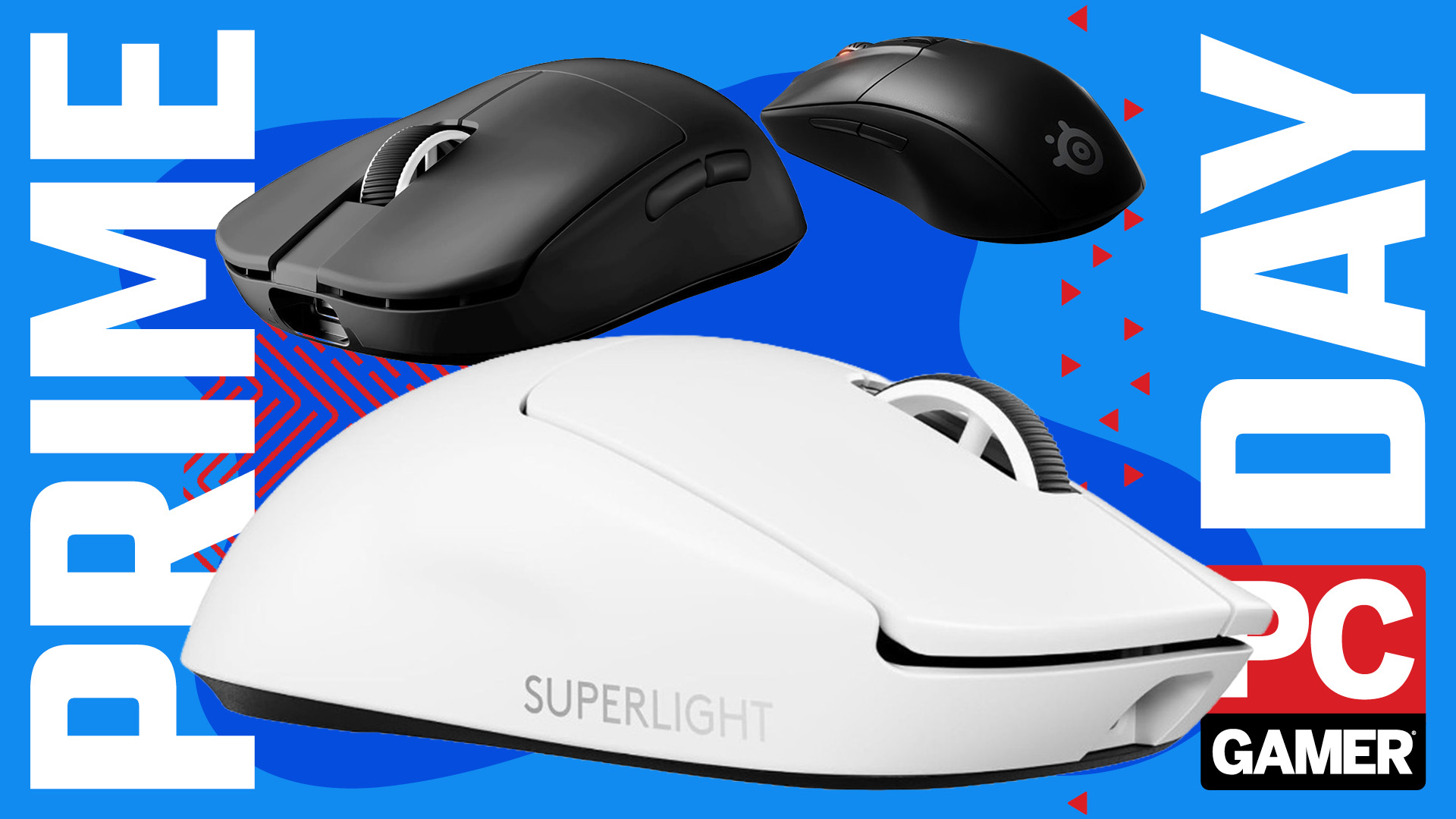 A series of gaming mice on a Prime Day banner with the PC Gamer logo.