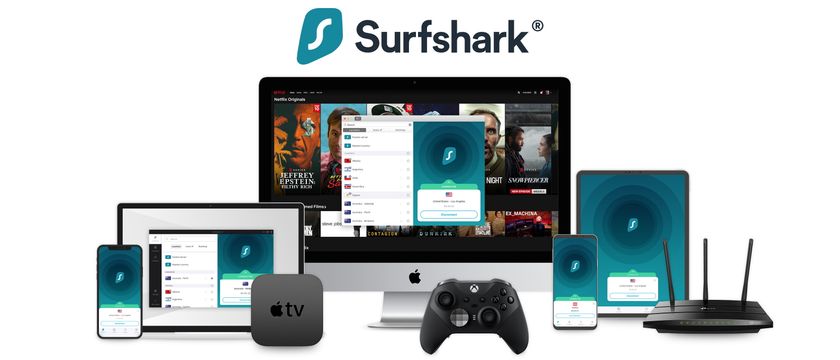 A number of different devices including smartphones, tablets, and a Mac, with Surfshark displayed on the screen below the brand&#039;s logo