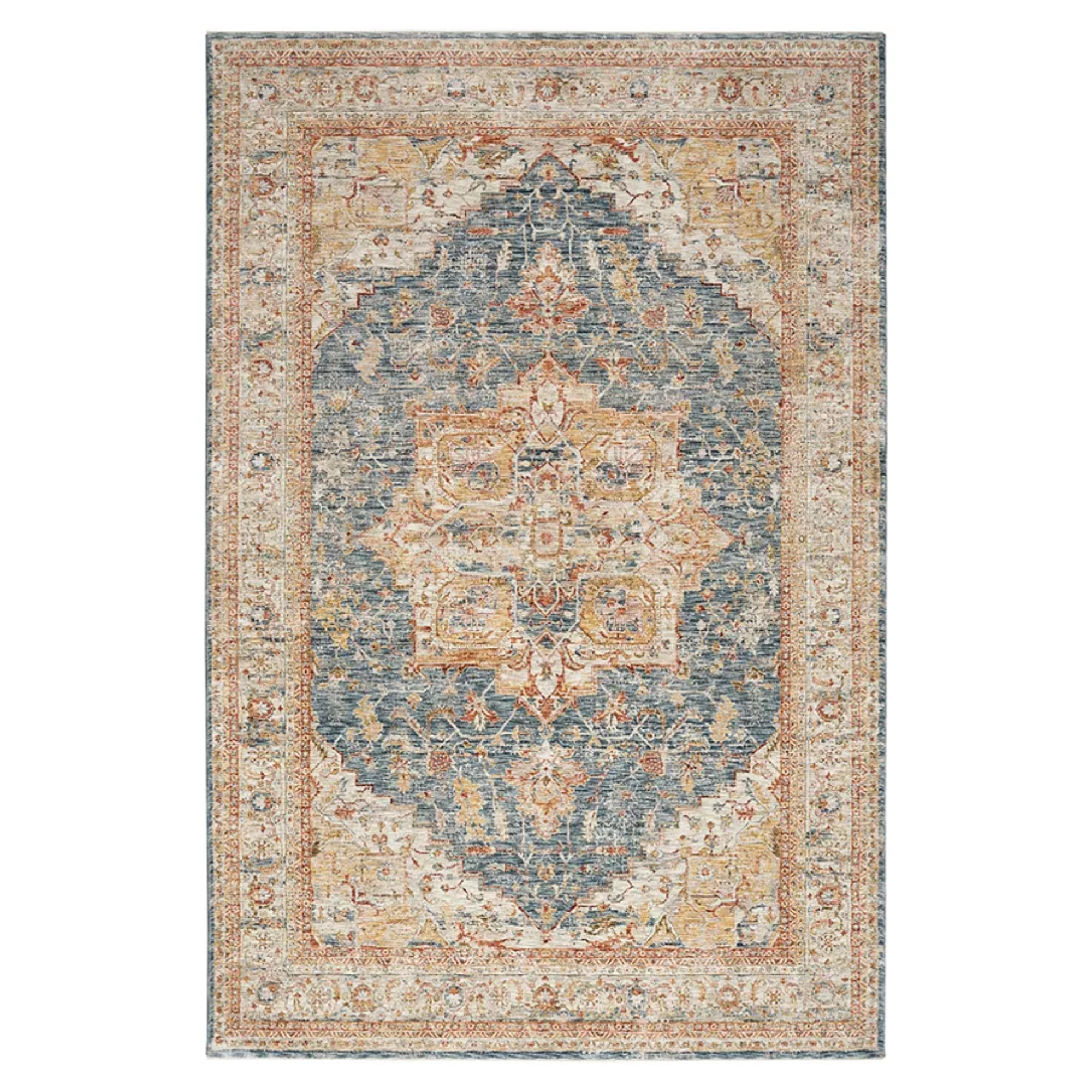 a rug in shades of blue and orange with diamond designs