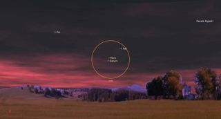 a red hued sky features a yellow circle in the center, surrounding small dots labeled mars and saturn. A field of dull green grass rests below, with scattered trees on the horizon..