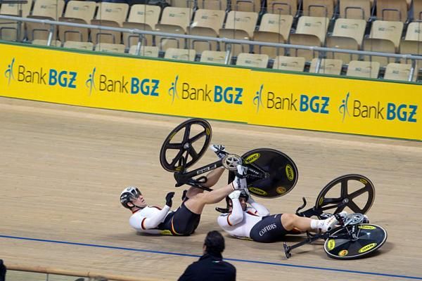 Germany's Maximilian Levy and Michael Seidenbecher crashed hard in their second round keirin heat.