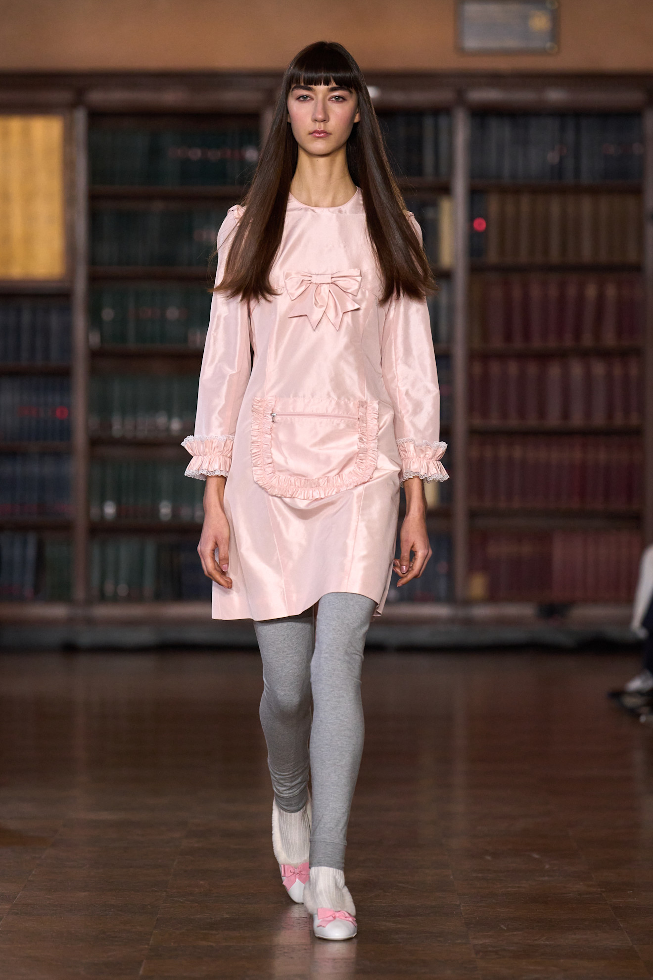 models walk the Sandy Liang Fall 2026 fashion show runway wearing slipper shoes 