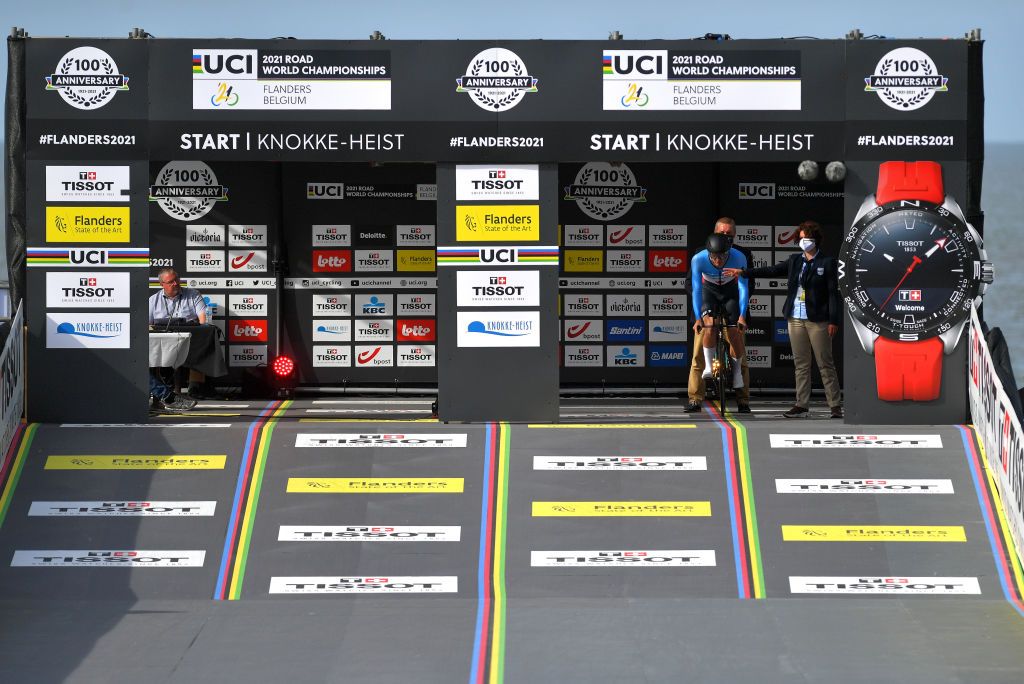 BRUGES BELGIUM SEPTEMBER 21 Dylan Bibic of Canada at start ramp during the 94th UCI Road World Championships 2021 Men Junior ITT a 223km Individual Time Trial race from KnokkeHeist to Bruges flanders2021 ITT on September 21 2021 in Bruges Belgium Photo by Luc ClaessenGetty Images