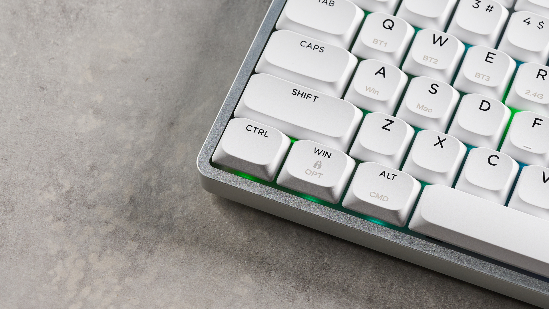 A white and purple Epomaker Luma84 low-profile mechanical keyboard