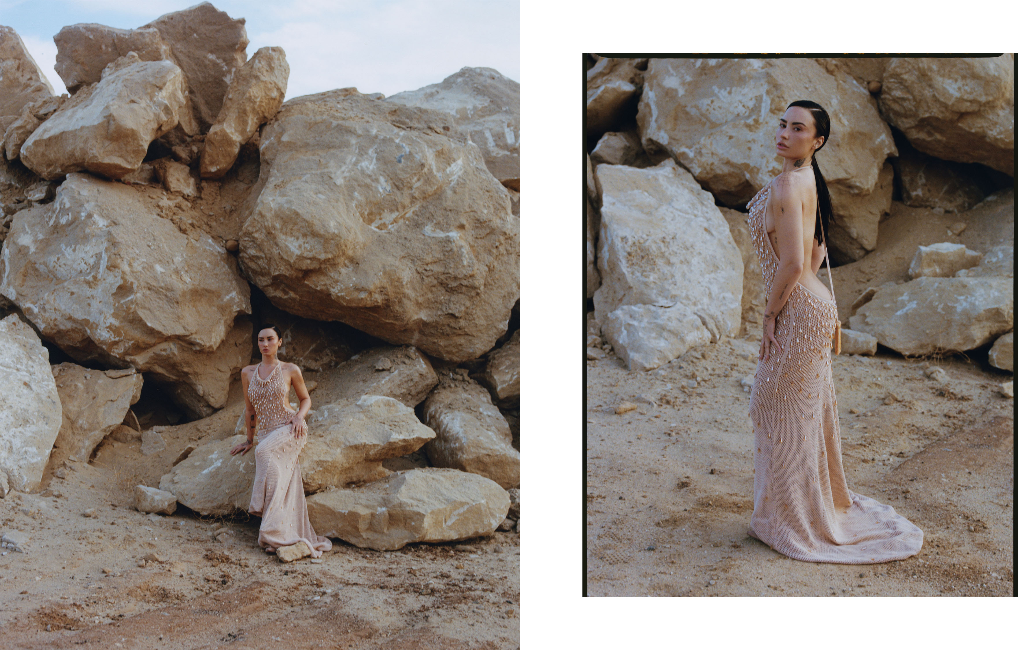 Demi Lovato forBest Knockoff Luxury Clothing
&#039;s November cover. On the left, Lovato sits on a bed of rocks. She is wearing a nude dress made of a netted material. On the right, Lovato stands in front of the rocks in a nude dress.