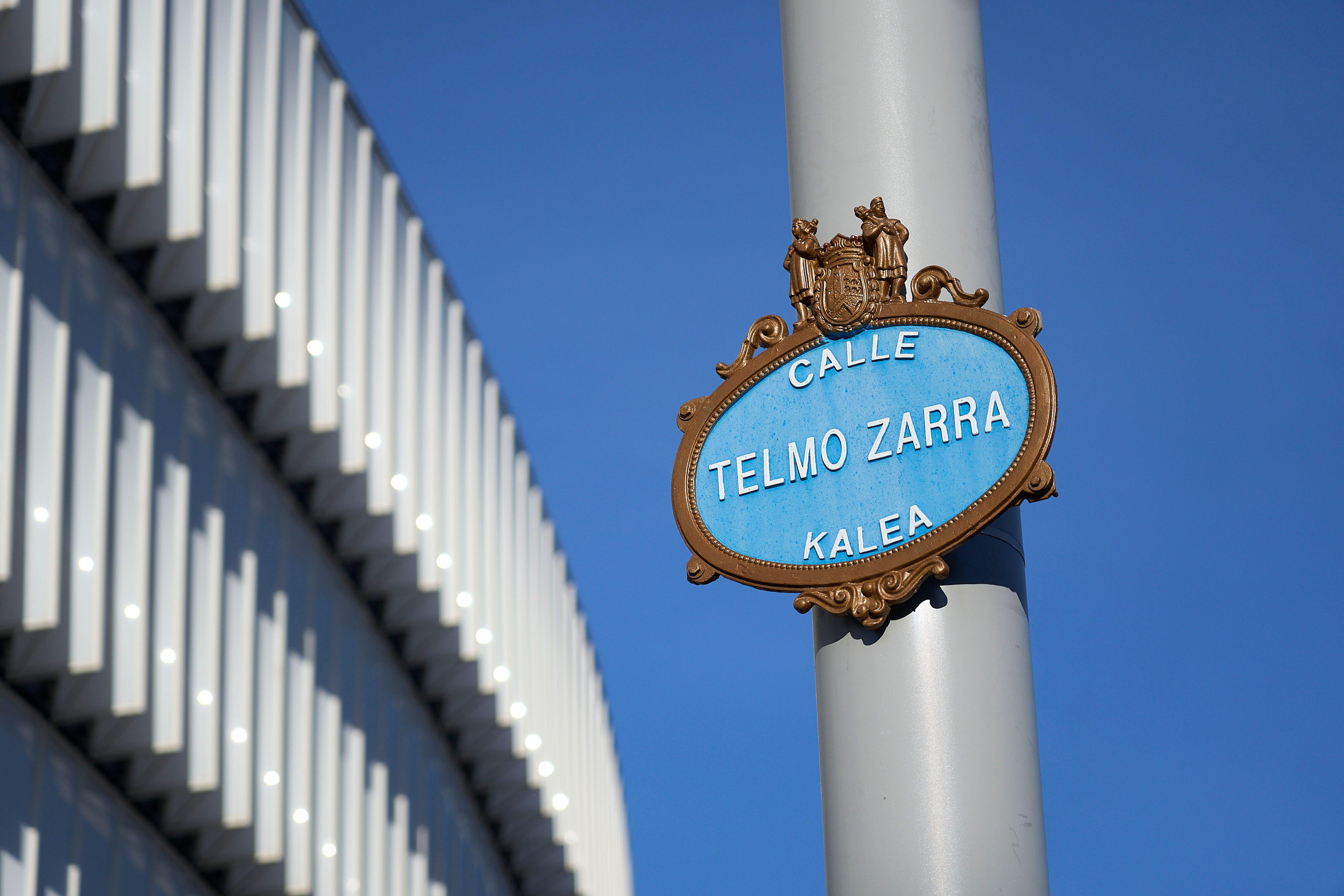 A street sign named in honour of legendary striker Telmo Zarra outside Athletic Club's San Mames stadium.