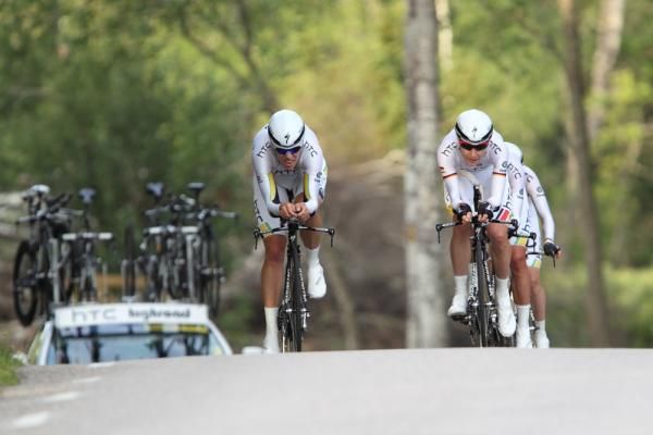 HTC-HighRoad on the way to their team time trial victory at the Open de Suede, Vargarda. This was their first World Cup win in a TTT ever.