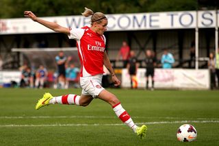 Kelly Smith of Arsenal scores to make it 2-1 during the match between Chelsea Ladies and Arsenal Ladies in the Womens Continental League Cup on July 16, 2014 in Staines, England. (Photo by Jordan Mansfield - The FA/The FA via Getty Images)