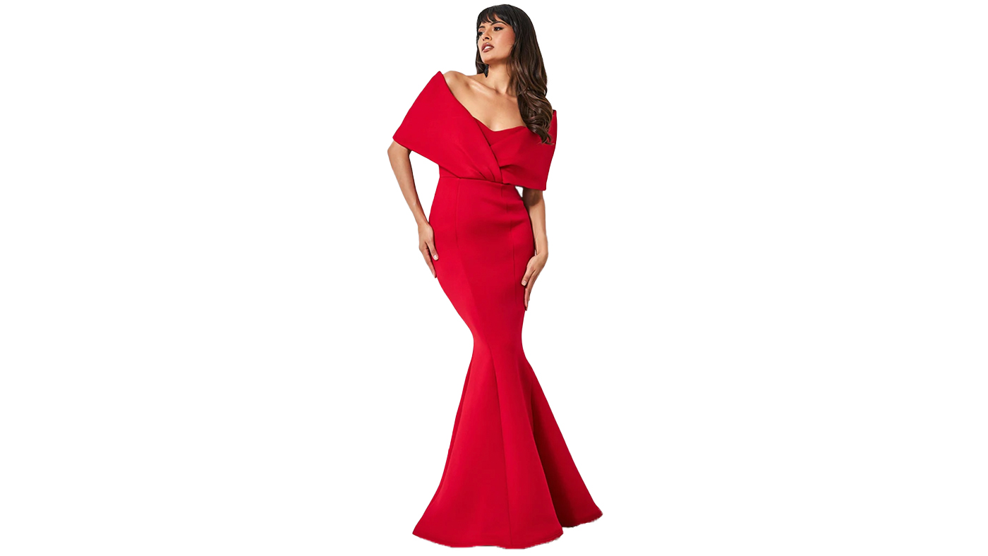 Goddiva Red Off The Shoulder Scuba Foam Maxi Dress