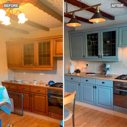 before and after pictures of kitchen makeover with cabinets and wooden flooring