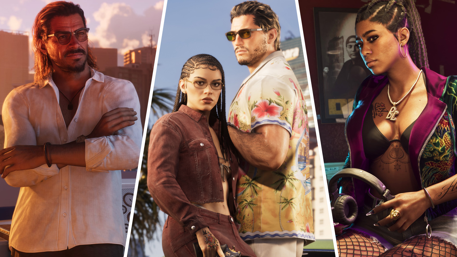 GTA 6 - Three images of GTA 6 characters cut and pasted together. From left to right: Raul, Lucina and Jason, Bae-Luxe