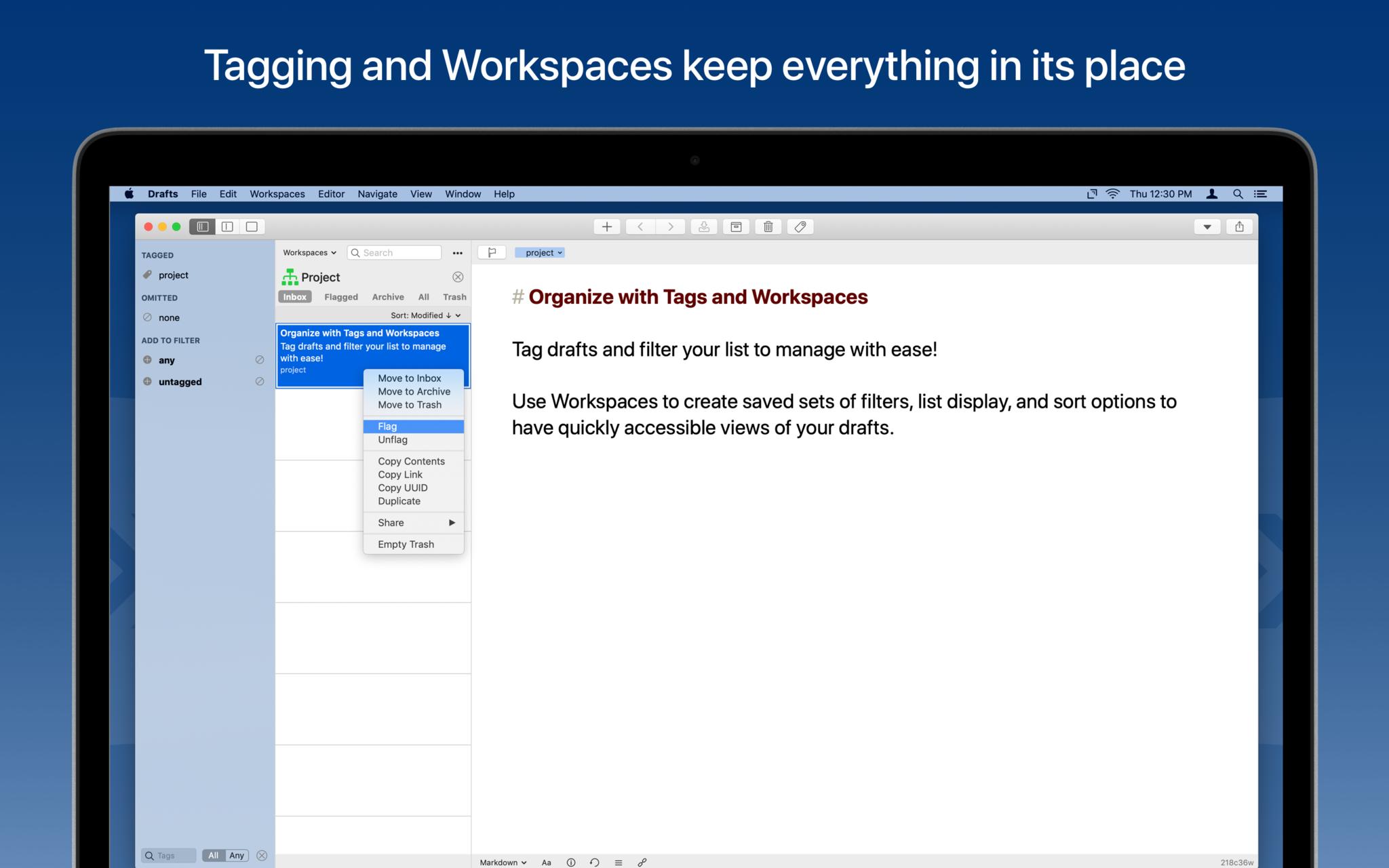 Drafts for Mac with workspaces