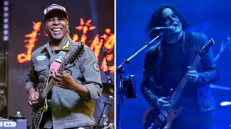 Vernon Reid of Living Colour [left] smiles as he plays his Reverend signature model live onstage. On the right, Jack White, bathed in blue stage lights, plays his Fender Triplecaster.