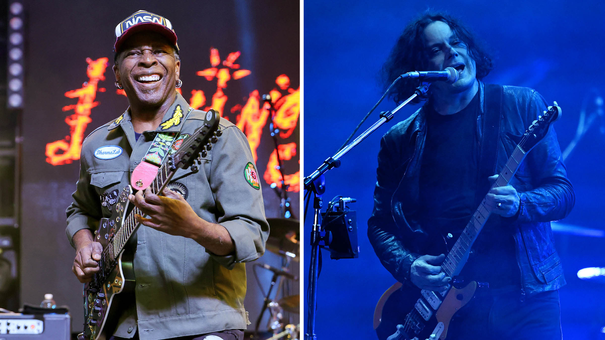 Vernon Reid of Living Colour [left] smiles as he plays his Reverend signature model live onstage. On the right, Jack White, bathed in blue stage lights, plays his Fender Triplecaster.