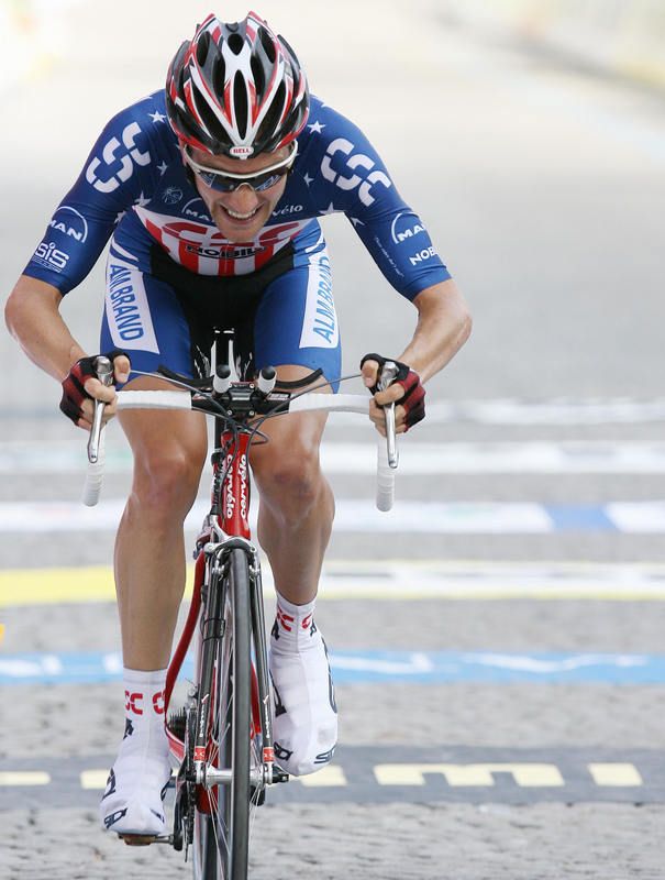 Captain America, Dave Zabriskie, finishes the stage 13 Giro time trial in 2007