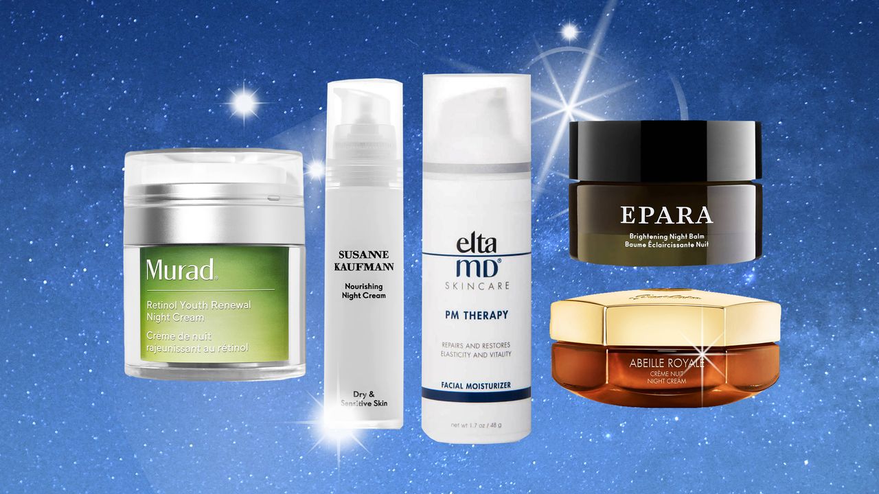 collage of best night creams including elta md and susanne kaufman night creams