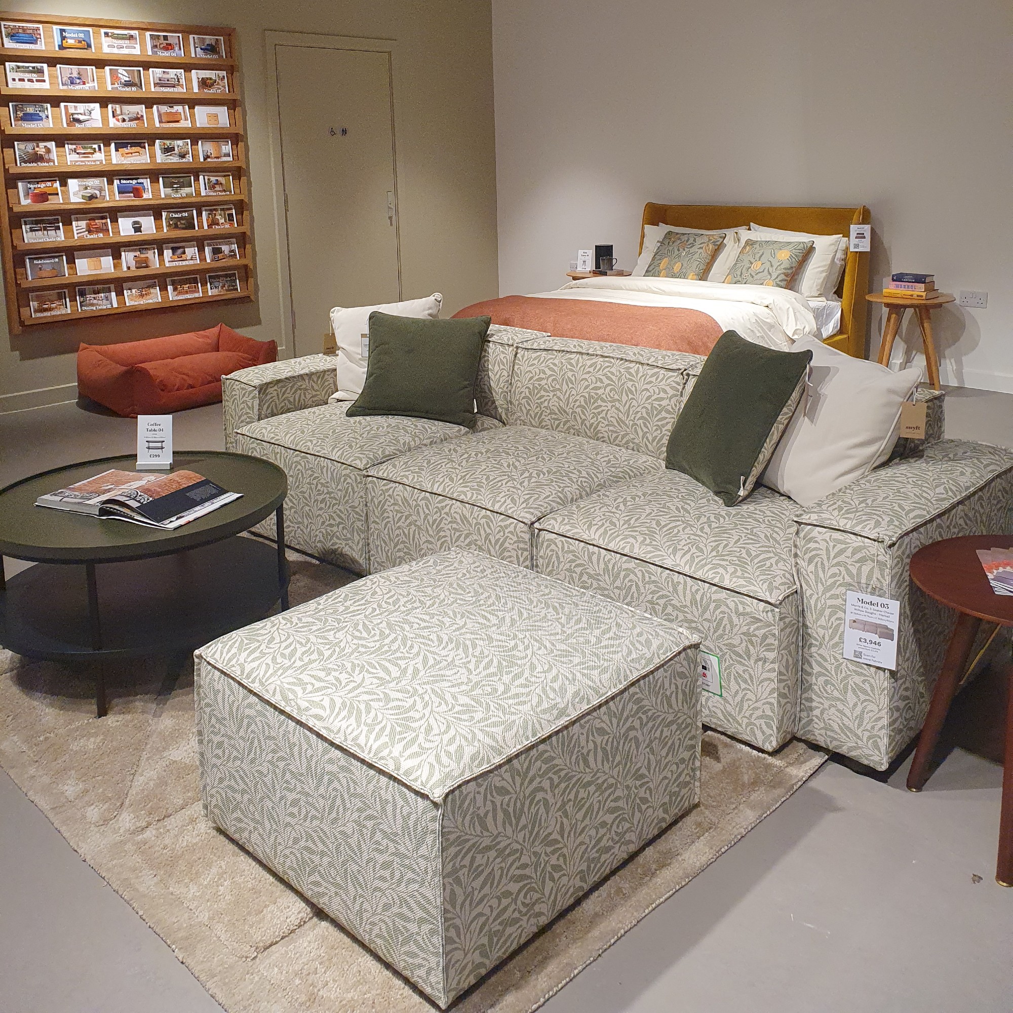 Swyft's Model 03 modular sofa in a Morris & Co. fabric at the brand's new standalone store