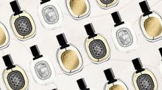 Collage of 3 of the best Diptyque perfumes, Ilio, Orpheon and Eau Nabati, set at a diagonal angle and repeated against a pale pink background with abstract fine line detail