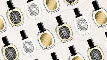 Collage of 3 of the best Diptyque perfumes, Ilio, Orpheon and Eau Nabati, set at a diagonal angle and repeated against a pale pink background with abstract fine line detail