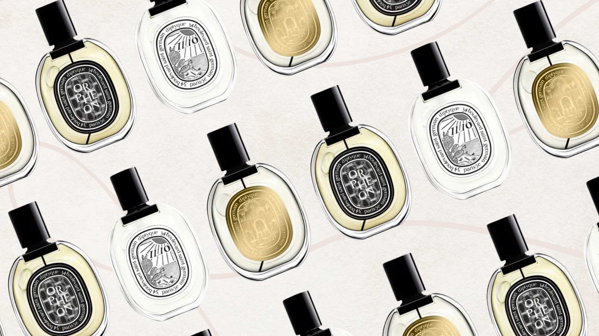 Collage of 3 of the best Diptyque perfumes, Ilio, Orpheon and Eau Nabati, set at a diagonal angle and repeated against a pale pink background with abstract fine line detail