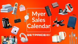 Red/orange background with Myer Sales Calendar written in middle with Get Price logo underneath and various items scattered around including headphones, toaster, perfume and shoes