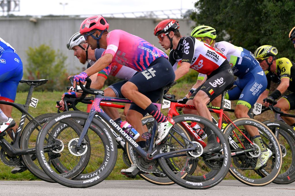 PLOUAY FRANCE AUGUST 25 Ruben Guerreiro of Portugal and Team EF Pro Cycling Quinn Simmons of United States and Team Trek Segafredo Harm Vanhoucke of Belgium and Team Lotto Soudal during the 84th Bretagne Classic OuestFrance 2020 a 2478km race from Plouay to Plouay GrandPrixPlouay GPPlouay on August 25 2020 in Plouay France Photo by Luc ClaessenGetty Images