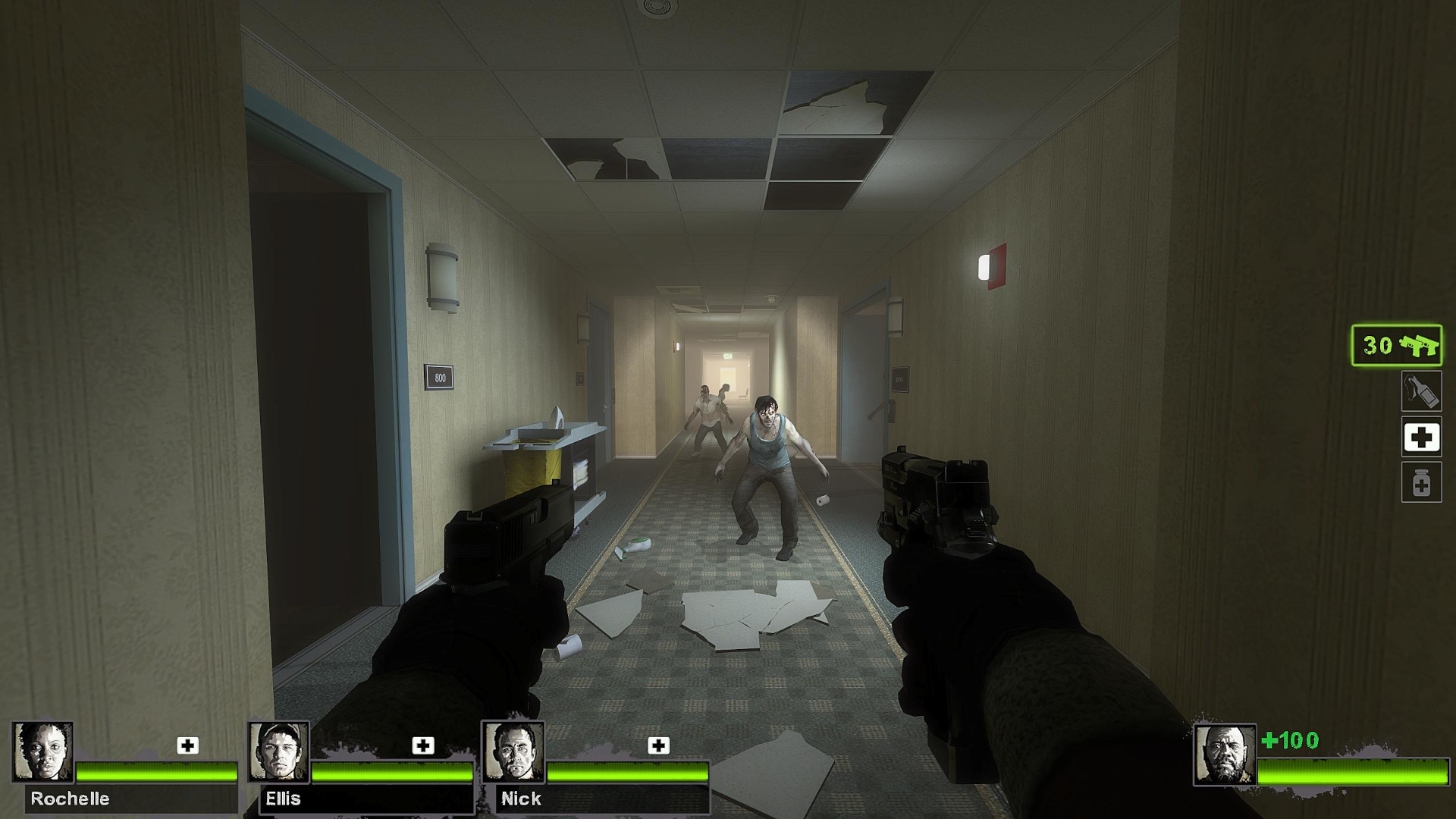 A screenshot of a player pointing two guns at zombies during Left 4 Dead 2