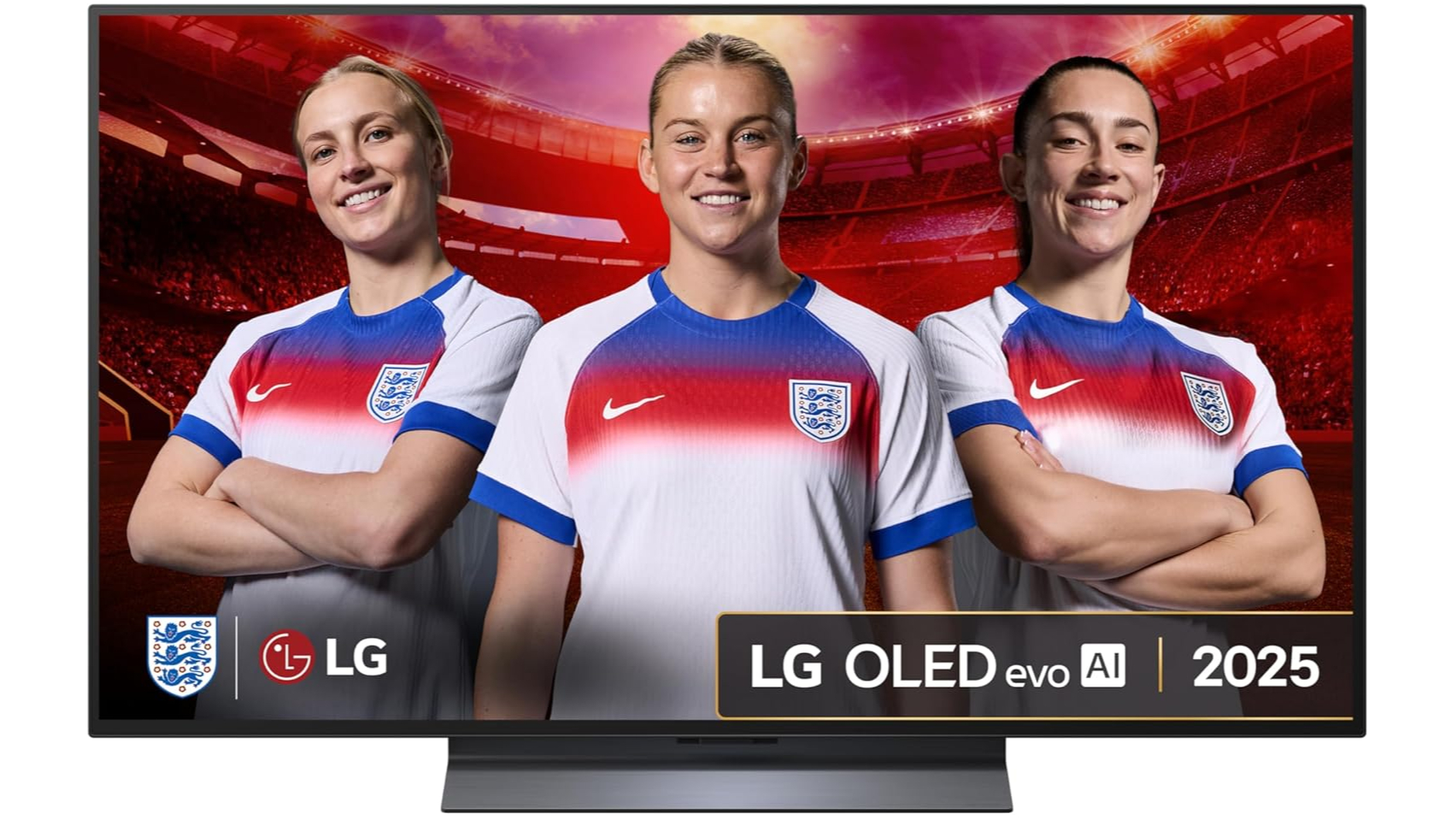 The 48-inch LG C5 pictured against a white background. On the screen are players from the England women's national football team