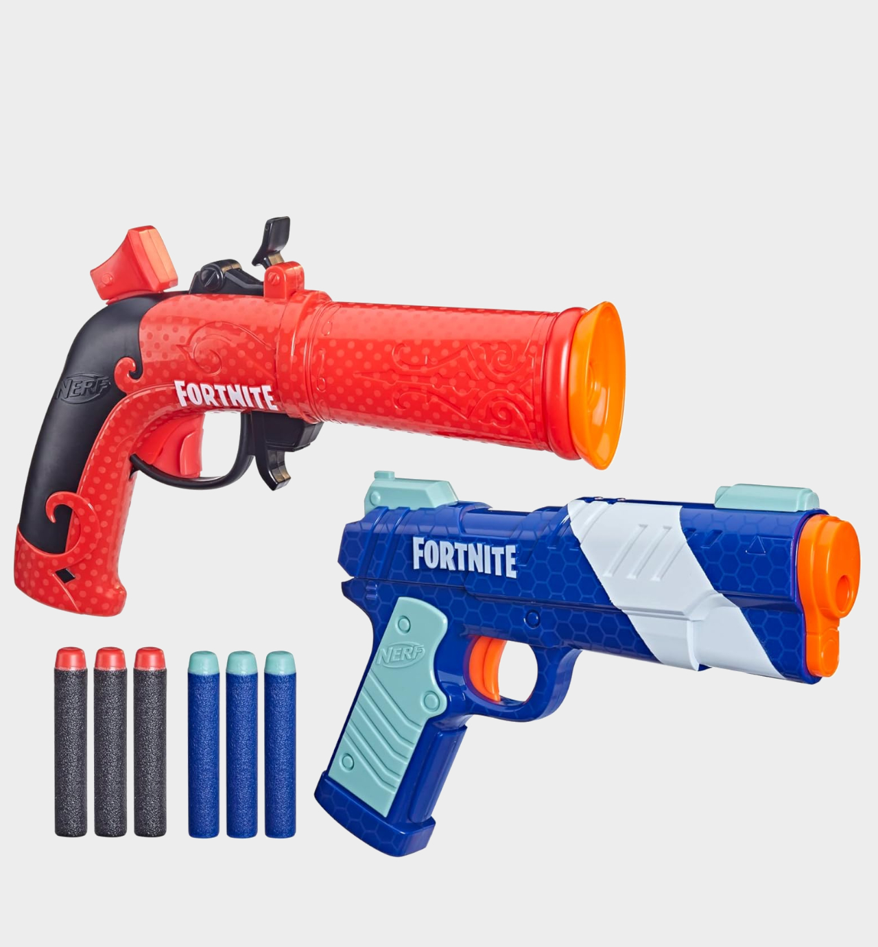 Nerf Fortnite blasters on a plain background