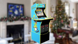 Arcade1up machine with blurred Christmas backdrop