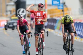 Sunweb's Jai Hindley wins stage 2 of the 2020 Herald Sun Tour at Falls Creek from Damien Howson (Mitchelton-Scott) and Sebastian Berwick (St George Continental)