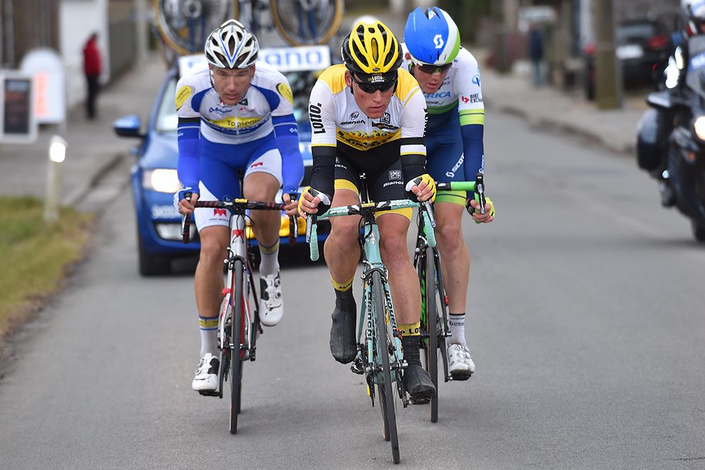 Luke Durbridge (Orica-GreenEdge), Mike Teunissen (LottoNl-Jumbo) and Jonas Rickaert (Topsport)