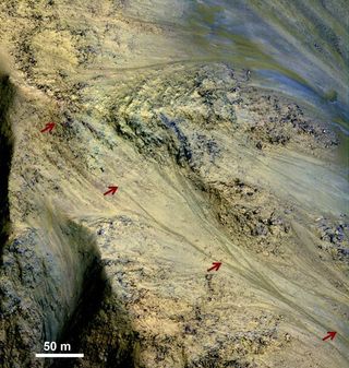 Features called recurring slope lineae (RSL) are found on some Martian slopes in warmer months. Red arrows point out an RSL in this image taken by the High Resolution Imaging Science Experiment camera system on NASA’s Mars Reconnaissance Orbiter.