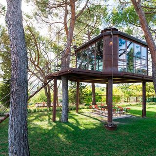 Wooden treehouse on stilts with glass windows