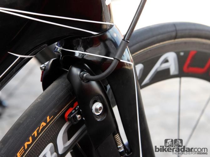 Friction can be a major problem on direct-mount brakes such as used on Lotto-Belisol's Ridley Noah FAST. Team mechanics have applied short sections of heat shrink tubing and o-rings in an effort to keep out the crud
