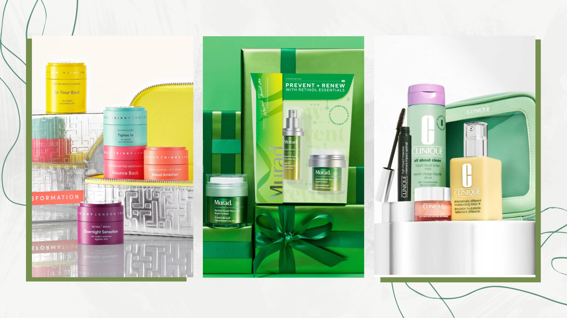 Collage of the best skincare gift sets from Trinny London, Murad and Clinique (L-R) on a white marble background with green swirls