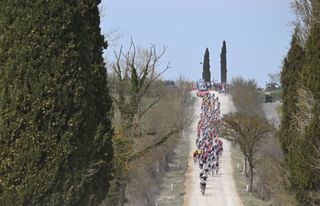 SIENA ITALY MARCH 08 A general view of the peloton competing during the 19th Strade Bianche 2025 Mens Elite a 213km one day race from Siena to Siena 320m UCIWT on March 08 2025 in Siena Italy Photo by Tim de WaeleGetty Images