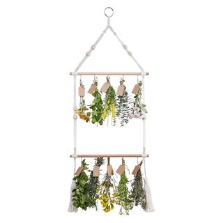 Sweetbiuti Herb Drying Rack 2tier Hanging Herb Dryer Wood and Cotton Flower Drying Rack Adjustable Bohemian Herb Hangers With Detachable Hooks Herb Dryer Wall Decor