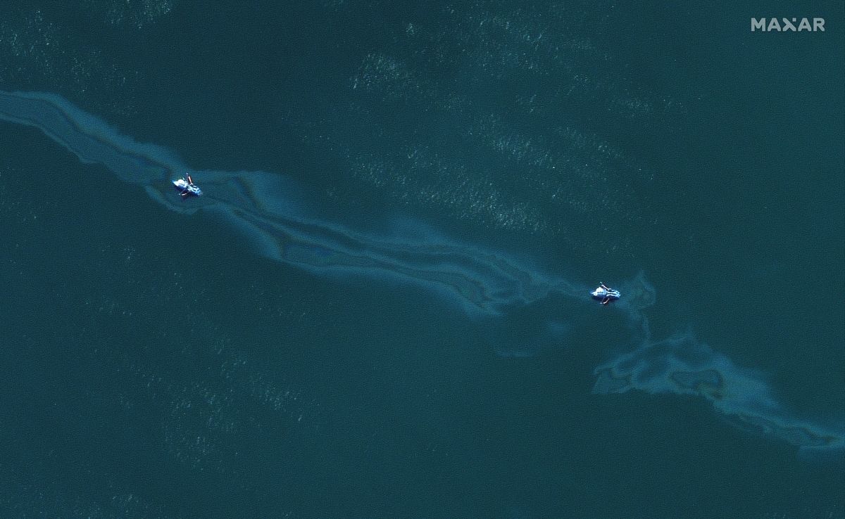 Streaks of oil are visible on the surface of the Gulf of Mexico in this satellite image taken on Sept. 4, 2021.