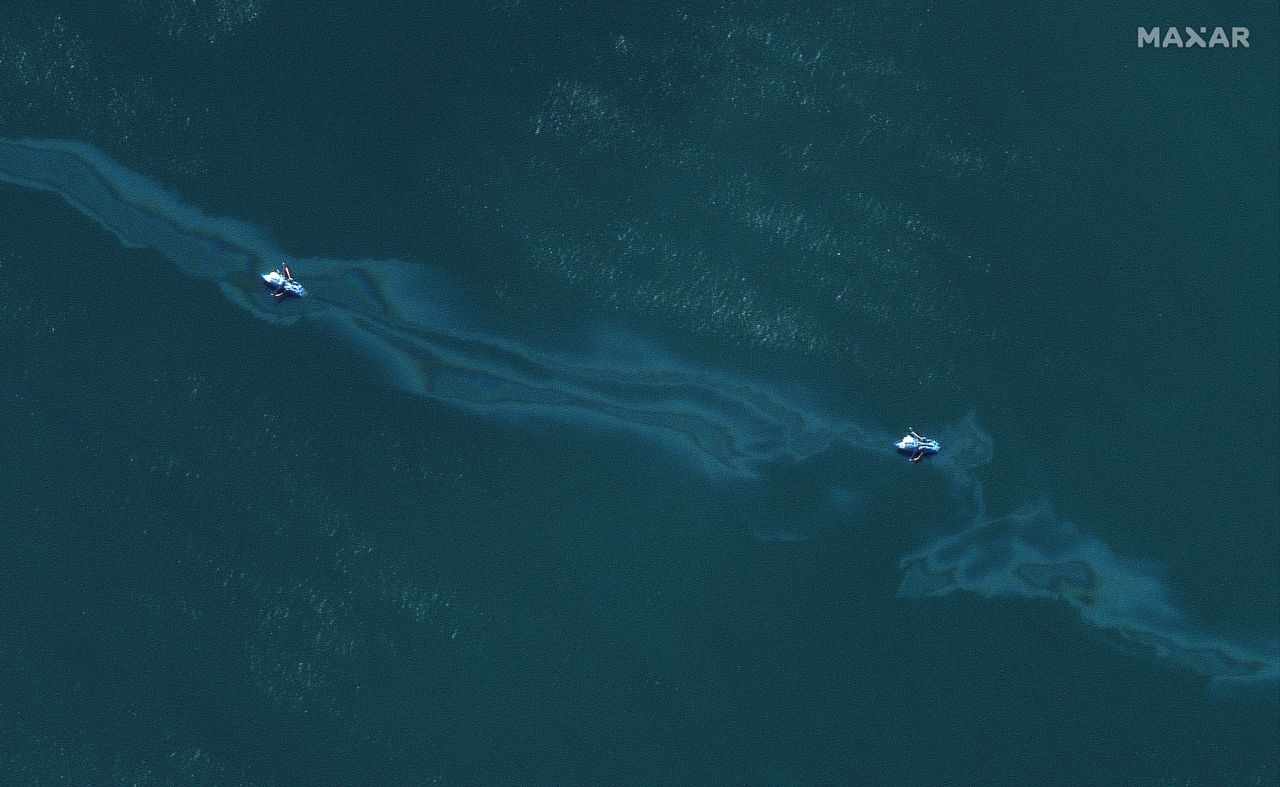 Streaks of oil are visible on the surface of the Gulf of Mexico in this satellite image taken on Sept. 4, 2021.