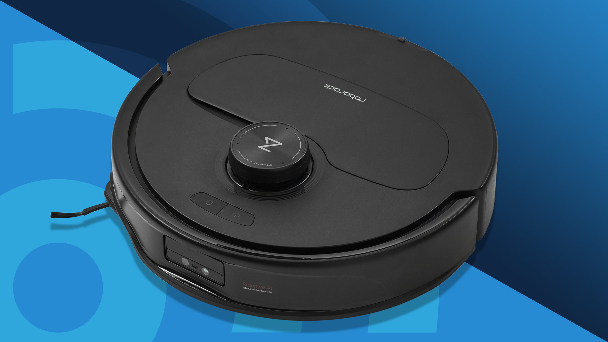 Roborock Qrevo Master robot vacuum on blue background