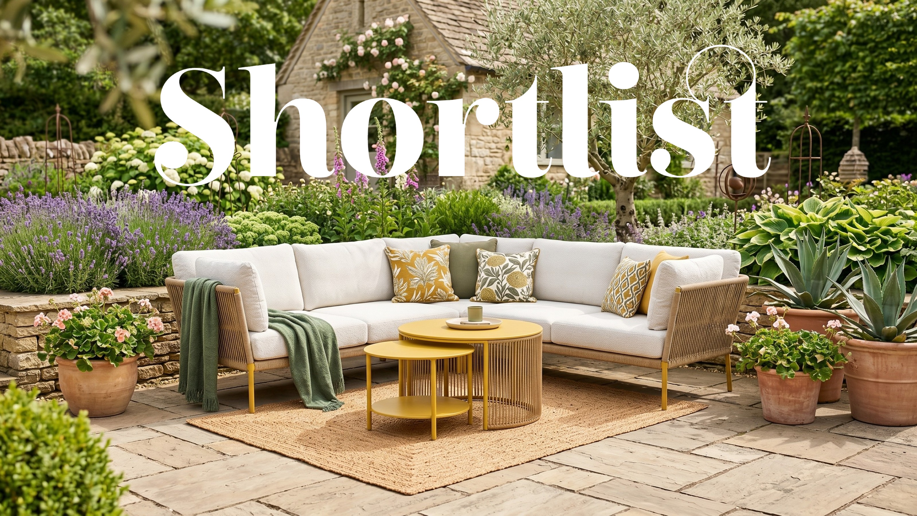 Yellow Ipanema outdoor nesting coffee table from Habitat with a corner outdoor sofa in an English garden