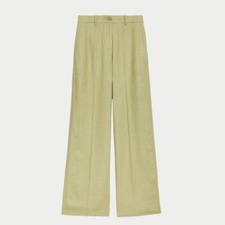 flat lay of green wide leg trousers