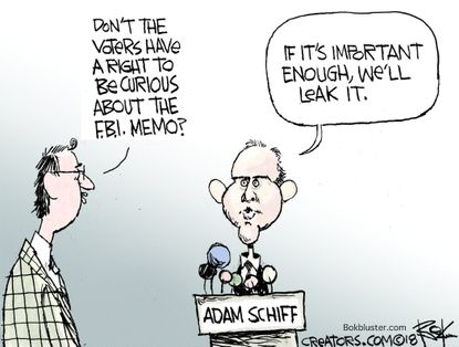 Political cartoon U.S. FBI conspiracy Nunes memo Adam Schiff White House leaks