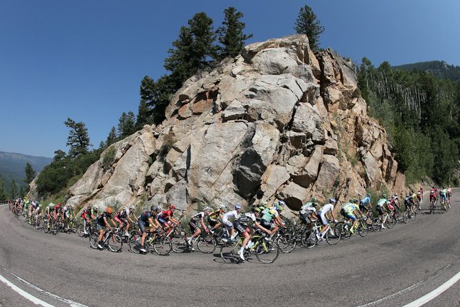 The peloton begins the climb of Independence Pass during stage four of the 2015 USA Pro Challenge
