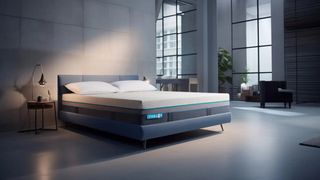 The Simba Hybrid Ultra Mattress placed on a bedframe in a stylish industrial bedroom